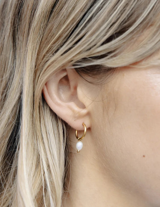 Gold Pearl Drop Hoop Earrings